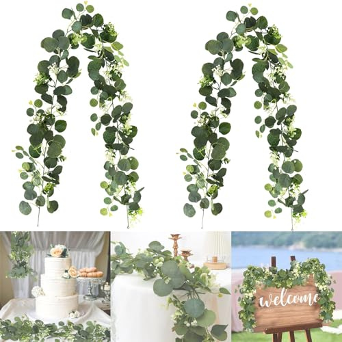 WLHFDC 2 Stück Eukalyptus Girlande Deko 180cm,Künstliche Blumengirlande Grün Hängepflanzen mit Weiße Blumen,Blätter Girlande,Hochzeitsdeko Tisch Eukalyptus für Hochzeit Party Garten Festival Bogen