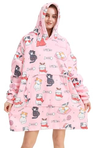 Pink Cat TV bärbar filt huvtröja, stor överdimensionerad sherpa bekväm tröja för vuxna kvinnor flickor tonåringar, cool djurhuva kropp för julklappar