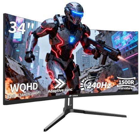 CRUA 34 Inch Curved Gaming Monitor 1500R, UltraWide WQHD 3440×1440, 240Hz 1ms, HDR FreeSync, Frameless PC Monitor for Gaming & Work, Eye Care, HDMI & DP, VESA 75×75mm