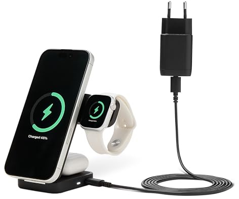Amazon Basics, Stazione di ricarica wireless 3 in 1 con certificazione Qi2.2 da 25W supporto pieghevole compatibile MagSafe per iPhone 17/16/15/14/13/12,Apple Watch,AirPods,con adattatore da 45 W,Nero