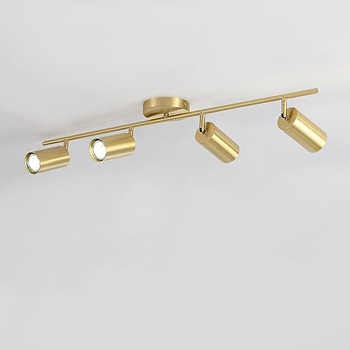 Foco de Techo nórdico Moderno, H65, iluminación de riel en D de latón, focos industriales, lámparas de Techo empotradas giratorias Flexibles para Cocina, Comedor, Foco con Bombilla GU10 (4 Luces)