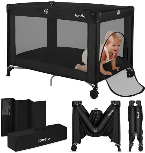 LIONELO Amelie Resesäng för Baby – Kompakt och Lätt Spjälsäng 100,5×70,5 cm, 7 kg Hopfällbar, med Madrass, 2 Hjul, Luftiga Meshsidor & Sidointräde, Stabil Stålram, upp till 15 kg, med Väska, Svart