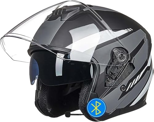 GAOFZHAO Casco Integrale 3/4 Bluetooth con Doppia Visiera Casco Jet omologato ECE/DOT for Moto e Scooter, Altoparlanti con Microfono integrati(F,L59-60CM)