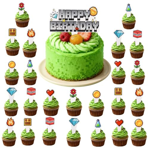 Cupcake-Topper im Pixel-Stil, Videospiel-Cupcake-Topper, lustige Pixel-Partyzubehör für Kinder und Jungen, Geburtstagsdekorationen, Gaming-Thema, Kuchenspieße, 25 Stück