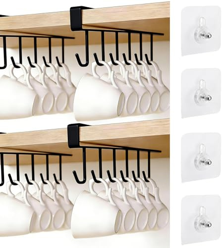 4 Pieces Cup Holder Under Cabinet Mug Storage 27 cm Cup Hooks Kitchen Shelf with 6 Mug Hooks Undershelf Mug Holder with Adhesive Screws Under-Cabinet Hanger Rack for Kitchen Storage & Organisation