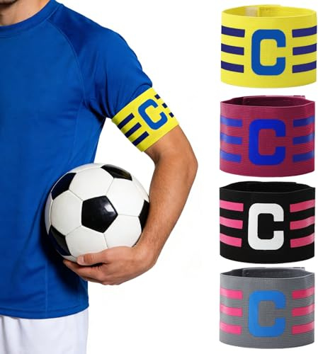 Vyqrx 4 STK Kapitänsbinde Fussball – Muster-Armbinden mit C-Logo für Erwachsene (Gelb-Blau, Rot-Blau, Schwarz-Pink, Grau-Pink)