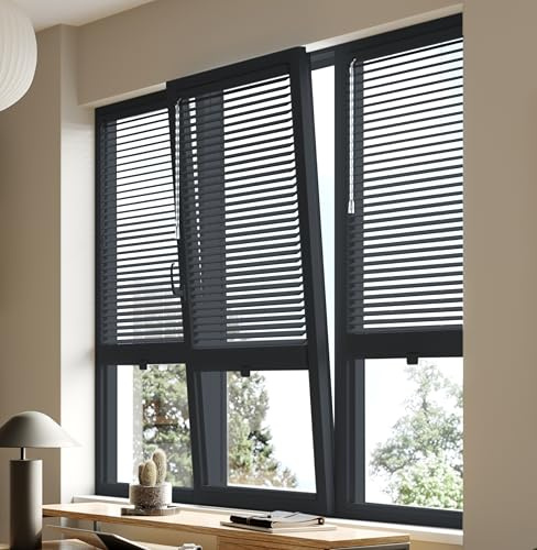 Premium British Made to Measure Grey (Anthracite) Aluminium Venetian Blinds | No Drill Blinds for Windows & Doors – Stick Fit | Easy Fit Adhesive – Thermal, Cordless, UK Made & Child Safe