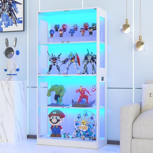 VOWNER 65'' Display Cabinet with Glass Door 4-Tier Display Case | Human Body Sensor, 3 Color LED Lighting, Curio Cabinet for Collectibles, Trophy, Large Capacity, Easy Assembly, Bookshelf