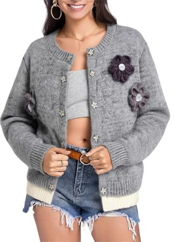 Generisch Cardigan da donna a forma di fiore all'uncinetto, maglione Kawaii, cardigan con bottoni, oversize, open frontale, maglione a girocollo, O grigio., M