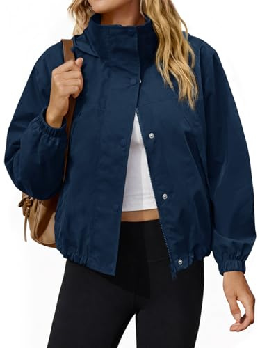 Yousify Womens Light Jacket Windbreaker Hooded Athletic Sun Protection Outerwear Hiking Jackets Spring Coats Navy Blue