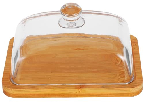 HIAKDOFT Mantequera de Cristal con Tapa de Vidrio Rectangular, Plato de Quesos y Mantequilla de Madera Maciza, 1 Pieza, para Servir Postres y Aperitivos en Cocina y Comedor
