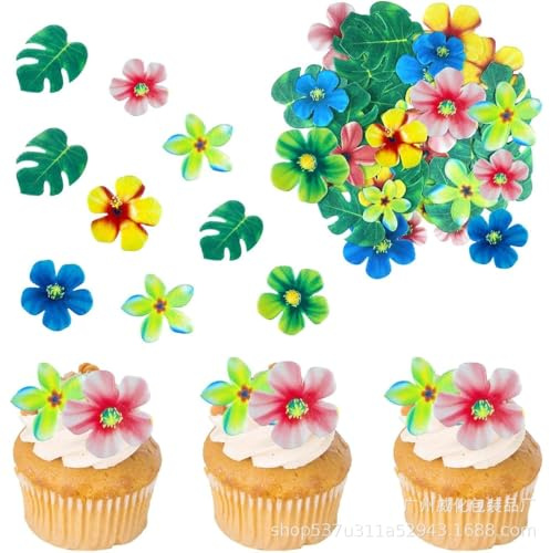 Nymora 83 PCS Tropical Palm Leaves and Hawaii Flowers Cupcake Toppers Flowers Cupcake Picks Hawaii Theme Cake Decorations for Jungle Theme Birthday Party Wedding Cake Decoration Supplies