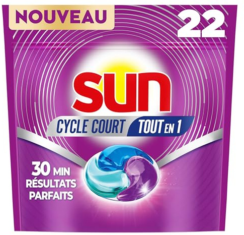 SUN Capsules Cycle Court Dès 30 Minutes - Tout en 1 - Tablettes Lave-Vaisselle - Nettoyage Parfait en 30 minutes Sans Résidu - Parfum Frais Discret - Pastilles Lave-Vaisselle en Gel - 22 Lavages