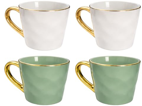 YöL Set of 4 Hammered Finish Mugs 370ml – 2 Green and 2 Grey Stoneware Coffee Cups with Textured Design and Comfortable Gold Glazed Handle – Modern Tea and Hot Chocolate Mug Set