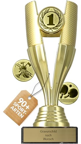 Pokal mit Gravur Wunschtext, Sportemblem nach Wahl, 15,5 cm | Personalisierte Auszeichnung für Fußball WM & Sport Events, inkl. Marmorsockel, Gold, Silber & Bronze