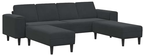 QJBSAVVA Sofa Set 3-teilig für Wohnzimmer, Couchgarnitur mit 2 Ottomanen, Modernes Polstersofa 4-Sitzer mit Stoffbezug und Schaumstoffpolsterung, Schwarz, 250 x 188 x 76 cm