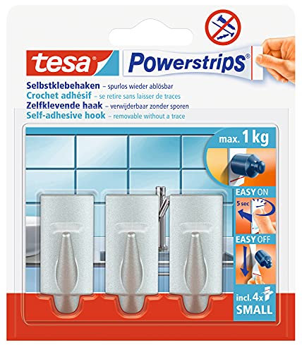 tesa Powerstrips Haken Small TREND - Selbstklebender Wandhaken für Glas, Kacheln, Holz, Kunststoff und andere Untergründe - Matt-Chrom