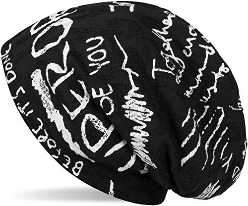 styleBREAKER Beanie Mütze mit Schrift Muster im Destroyed Vintage Design, Slouch Longbeanie, Unisex 04024074, Farbe:Schwarz