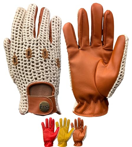 PSS Gants Conduite Homme Cuir Crochet Filet Mailles Style Classique Sans Doublure Respirant, Réf. 505, Camel Taille S