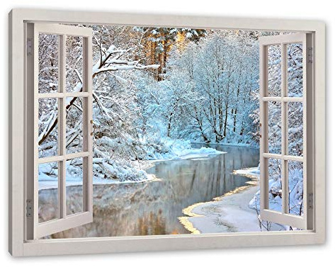 Pixxprint Atemberaubende Winterlandschaft, Fenster, Größe: 120x80cm, Leinwandbild, fertig gespannt, Wandbild, Dekoration, Kunstdruck, kein Poster