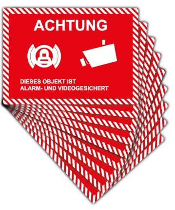STROBO 10 Stück Aufkleber Alarm- und Videogesichert als DIN A4 29,7 x 21,0 cm in Rot | Sticker mit geschlitzter Rückseite für den Innen- und Außenbereich | UV-Schutz, Wind- und Wetterfest