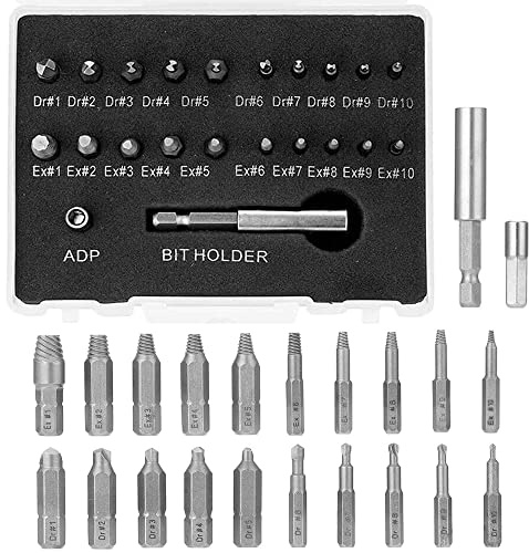 Mesee 22 Pieces Damaged Screw Extractor Kit, Screws Extractor Drill Bit Broken Bolt Quick Stripped Remover Set with Magnetic Extension Bit Holder and Socket Adapter