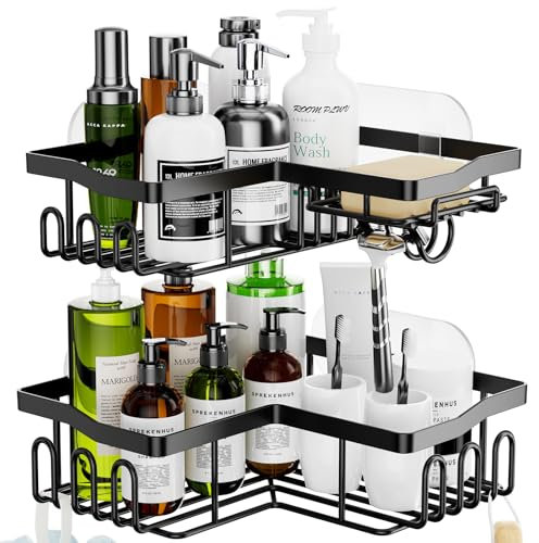 HapiRm Duschablage Ohne Bohren Ecke - Bad Eckregal Ohne Bohren mit 11 Haken Seifenschale und Rasiererhalter, Rostfrei Eckduschablage Dusche Regal für Badezimmer Küche Dusche, 6 Selbstklebend