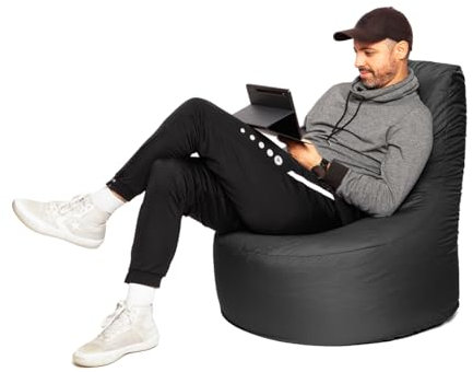 PATCH HOME Gamer Sessel mit Reißverschluss Lounge Kissen Sitzsack Sitzkissen Bean Bag In & Outdoor geeignet fertig befüllt (Ø 75cm x Höhe 80cm mit Reißverschluss, Black)