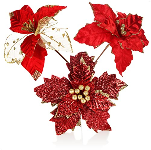 com-four® 3x composizioni decorative, fiori artificiali come fantastiche decorazioni natalizie, bellissime decorazioni per la stanza, anche per ghirlande e composizioni floreali (rosso + color oro)