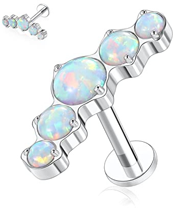 hengkaixuan 16G G23 Titan Flat Back Labret Studs Innengewinde Lippen Studs Tragus Piercing 8mm Monroe Medusa Helix Lippenpiercing Silber Lobe Knorpel Conch Ohrring Schmuck mit 5 runden Opal
