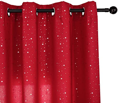 GIRASOLE HOME® Coppia Tende Rosse Semi Oscuranti Fantasia Stelline Argentate Tenda per Soggiorno Camera Cameretta Cucina e Interni 2 Pannelli con Occhielli (Rosso, 140x290cm)