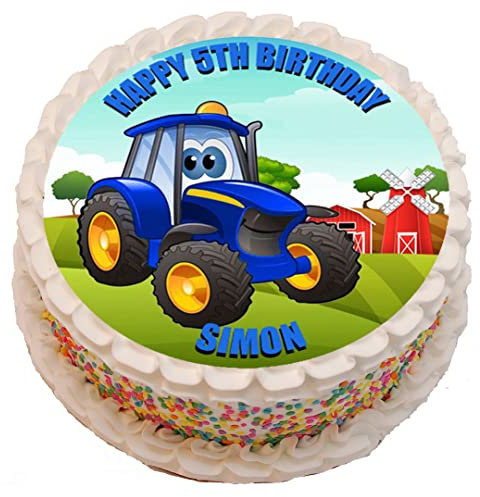 Blue Tractor Personalised PRECUT Cake Topper 7.5 Inch Round Edible Icing Sheet Birthday Decoration
