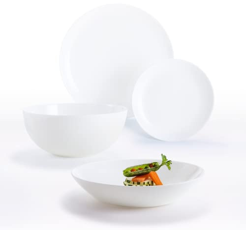 Luminarc - Diwali Collection - 19-Piece Dinner Service in White Opal - 6 Flat Plates 25 + 6 Sauces 20 + 6 Dessert Saucers 19 + 1 Salad Bowl - Extra Resistant - Made in France