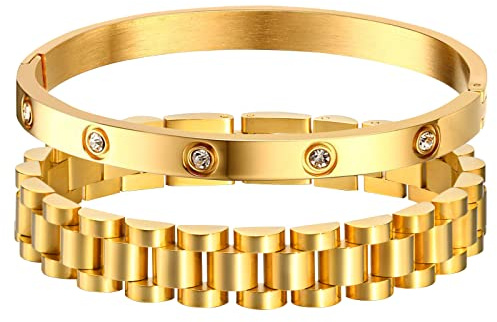 MPRAINBOW 2pcs 18K Gold Plated Chain Link Bracelet, Stainless Steel Crystal Friendship Bracelets Bangle,Watch Band Chains Wristband Jewelry with Adjust Tool, 18,17 centimeter, Stainless Steel, no