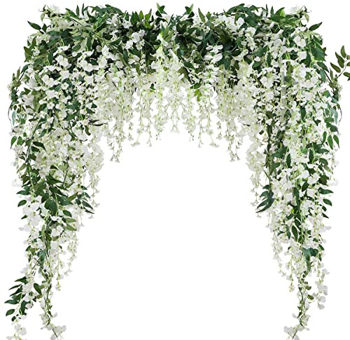 Veryhome 2PCS 7.2FT Künstliche Wisteria Blumen Girlande gefälschte Wisteria Rebe gefälschte Blumen Girlande Seide Ivy Hängende Blume für Hochzeitsdekorationen Home Garten Party Dekor (Weiß)