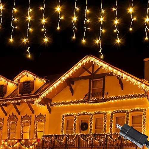 Meision Isregn ljusslinga 10 m, 400 LED, 8 lägen och timer, minnesfunktion, IP44, vattentät, jul, takrännor, halloween, varmvit