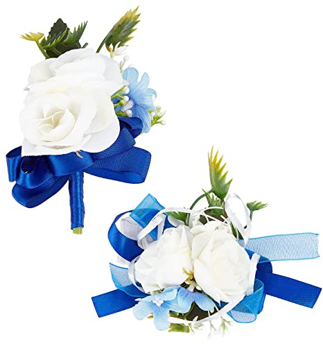 CRASPIRE 2PCS Flower Wrist Corsage Boutonniere Set Wedding Flowers Artificial White Rose Blue Silk Wristband Rose Wrist Accessories Men Women Lady Anniversaries Prom Celebrations