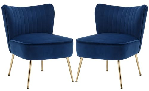 ABET Accent Chairs Set of 2, Velvet Tufted Wingback Living Room Chairs with Thicken Cushion Gold Metal Legs, Comfy Upholstered Side Slipper Club Bedroom Chairs, Blue