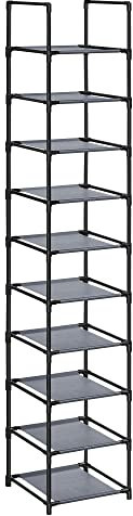 SONGMICS Schuhregal, 10 Ebenen, Schuhablage, Schuhaufbewahrung, schmal, 33 x 33 x 173 cm, Metallgestell, Ablagen aus Vliesstoff, für Flur, Schlafzimmer, grau LSR110G01