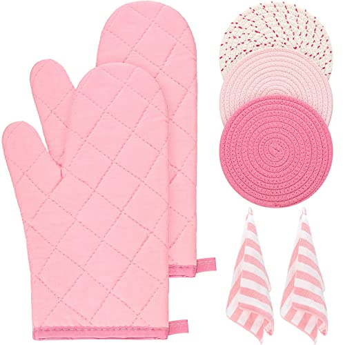 Zubebe Oven Mitts and Pot Holders with Kitchen Towels Set of 7, Valentine Gift for Women Heat Resistant Oven Gloves Hot Pads Kitchen Hand Towels for Cooking Baking(Pink)