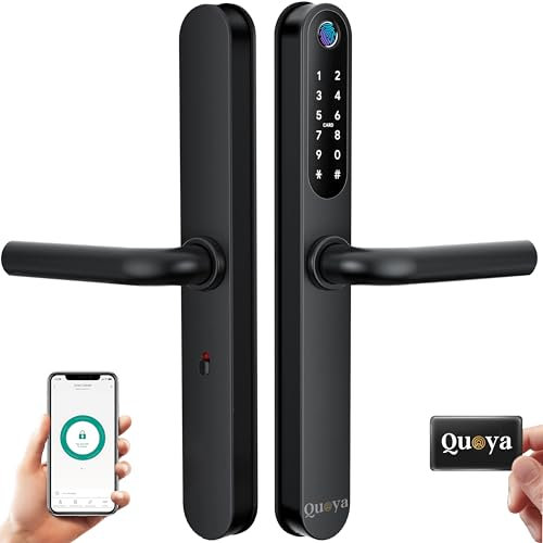 QUOYA D1 Smart Door Lock Handle, 75° Max Turning Angle, IP55 Waterproof, Keyless Keypad Entry, Slim Retrofit, Unlock Method (Fingerprint, RFID keycard, Pin/Passcode, App, Mechanical Key), (Black)