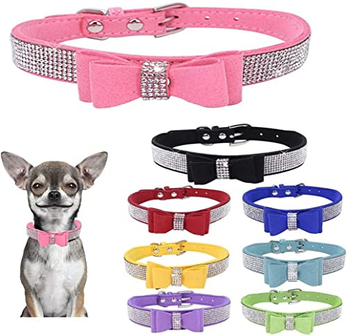 Hundehalsband mit Strasssteinen, Fliege, niedlich, glitzernd, Leder, Katzenhalsband, Kristall, klein, mittel, groß, Welpen, Kätzchen, Rosa, Größe M
