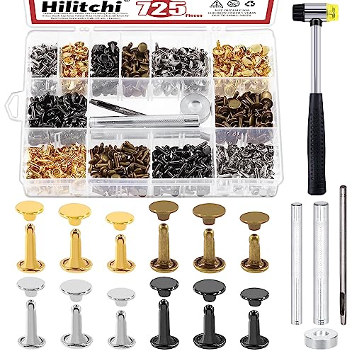 Hilitchi 360 Sets 4 Colors Double Cap Rivets Leather Rivets Metal Studs Leather Studs with 5Pcs Rubber Hammer Setting Tool for DIY Leather Craft (8x8mm, 10x10mm, 8x12mm)