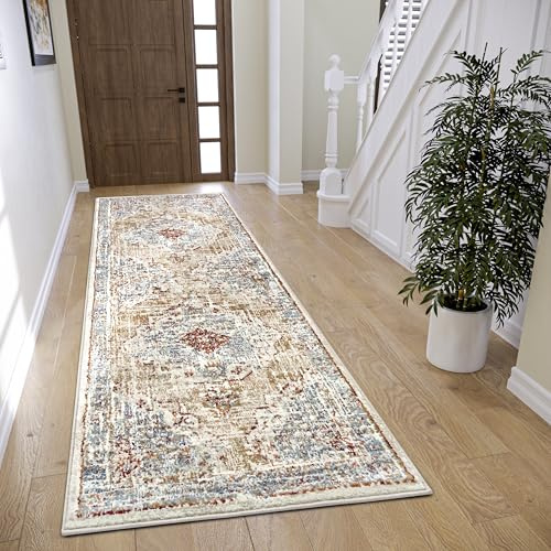 Hanse Home Strozzi Teppich Orientalisch– Orient Läufer klassisch dicht gewebt mit Ornamenten Vintage-Look Weicher Kurzflor für Schlafzimmer, Esszimmer, Wohnzimmer – Beige Blau, 80x240cm