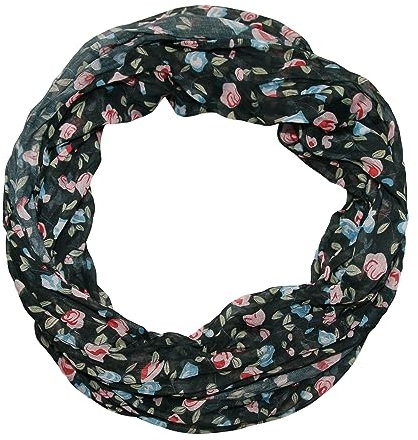 beybey® Damen Seide Loop Schal mit Blumenmuster - Wunderschön und Fein - Seidenschal - Schlauchschal (Schwarz)