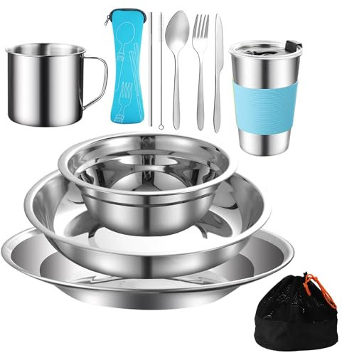 Zinueen Camping Geschirr Set Edelstahl - 10-Teiliges Campingbesteck für 2 Personen - Picknick Besteckset Outdoor Reisebesteck für Wandern und Picknick