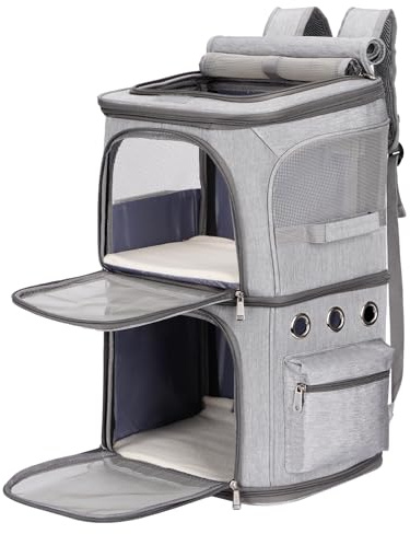 FASNATI Double-Compartment Pet Carrier Backpack, Cat Carrier Backpack for 2 Cats, Small Dogs, Perfect for Traveling/Hiking/Camping, Grey, XL