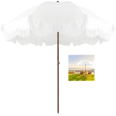 ELZEM 180cm Balkonschirm Mit Quasten Weiß Gartenschirm Wasserdicht Sonnenschirm Uv Schutz Strandschirm Neigbar Terrassenschirm Tragetasche Für Garten Terrasse Pool Balkon/8 Rippen Höhenverstellbar