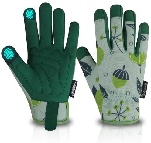 SAWANS Guanti da Giardinaggio per Donna, Uomo e Donna, Touch Screen, Guanti da Giardino per potatura di Rose, Traspiranti, Comodi, in Pelle, in Microfibra, Regali da (Verde, S)