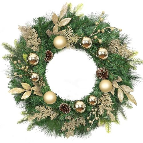 Weldomcor 60cm Ghirlanda Natalizia, Ghirlanda Decorazione Interno e Esterno, Corona dell'Avvento con pigne e Palla di Natale Decorazioni Natalizie Per Camino Pareti l'ingresso della Porta (Golden)
